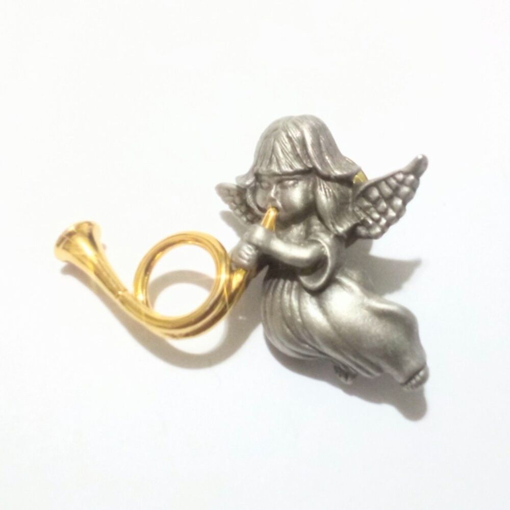 Vintage Daria Pewter & Gold Tone Heralding Angel Lapel Pin Brooch Signed